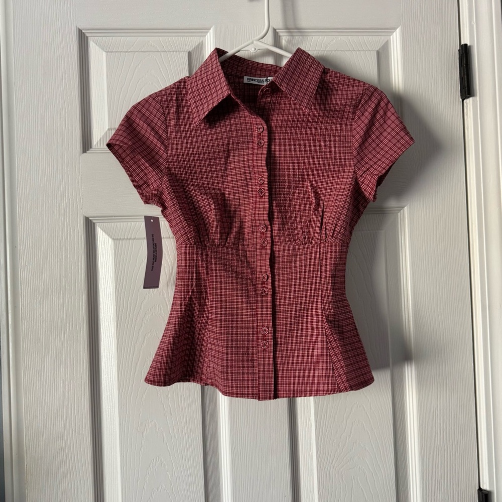 NWT Princess Polly Women's Red Check ‘Cottesloe’ Button-Up Collared Blouse